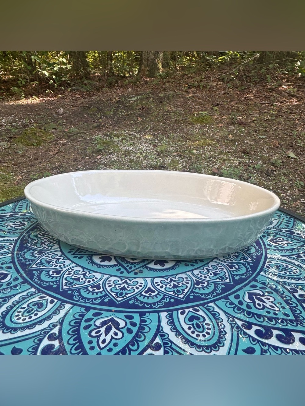 Artisan Studio Pottery 11” Oval Au Gratin Baking Serving Dish Textured Aqua Blue